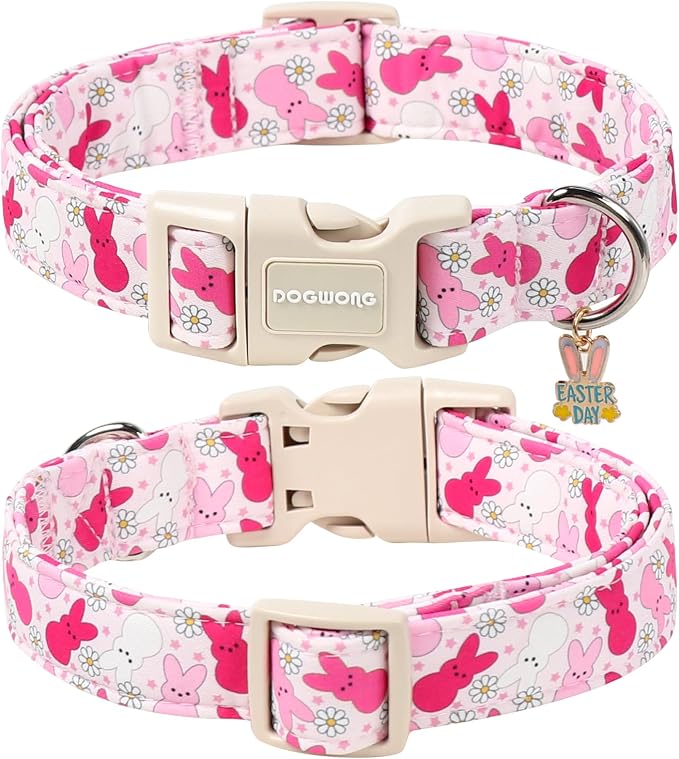 DOGWONG Easter Dog Collar, Cute Easter Pink Bunny Pet Collar Durable Holiday - Image 2