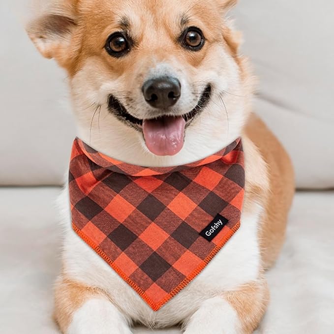 Dog Bandana Fall Large-Orange Brown Dog Scarf Buffalo Plaid Printing Adjustable - Image 4