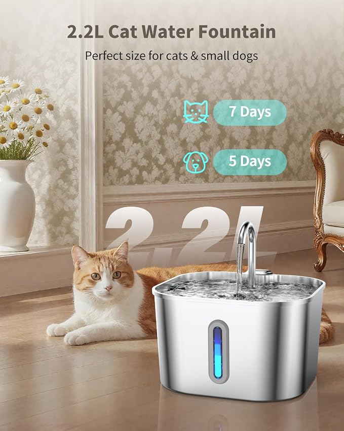 Cat Water Fountain Stainless Steel, 74oz/2.2L Cat Fountain - Image 2