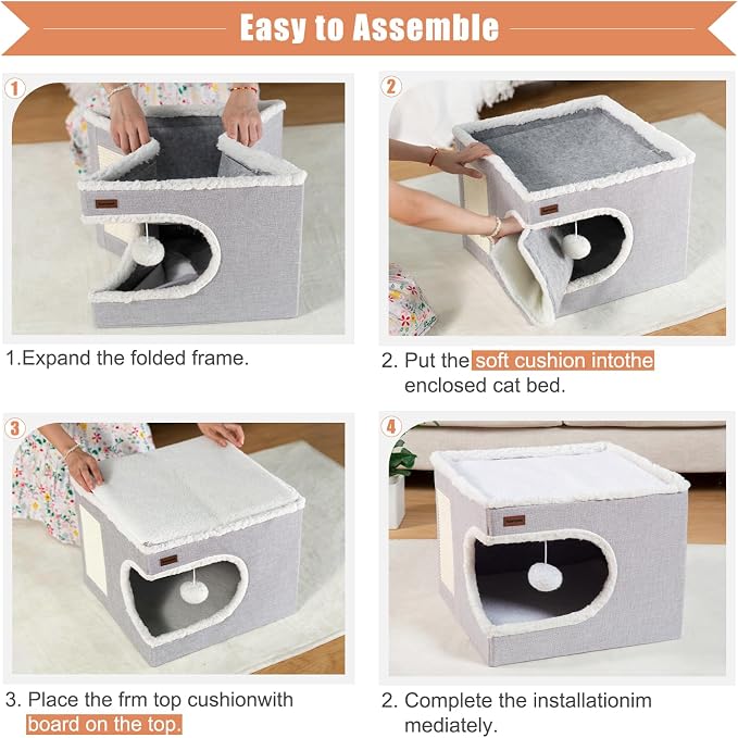 Cat Bed for Indoor Cats Cube House, Covered Cat Cave Beds & Furniture - Image 4