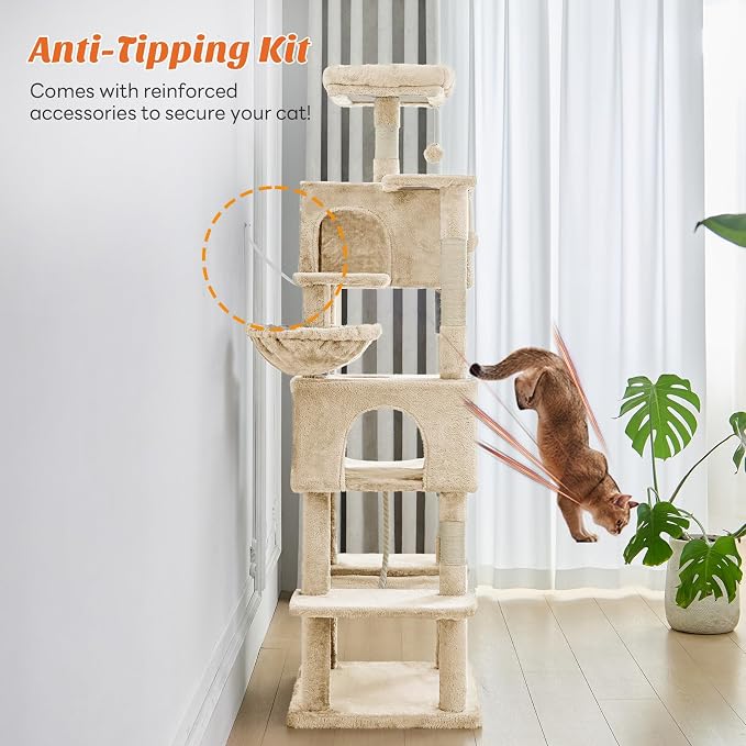 Large Cat Tree 66 Inch, Sisal Scratching Posts and Hammock, Pet Play House - Image 6