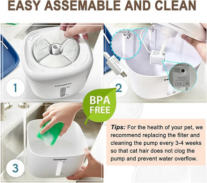 Cat Water Fountain 2.2L with 3 Filters and 1 Mat, Dual Flow Modes Dog Water - Image 7