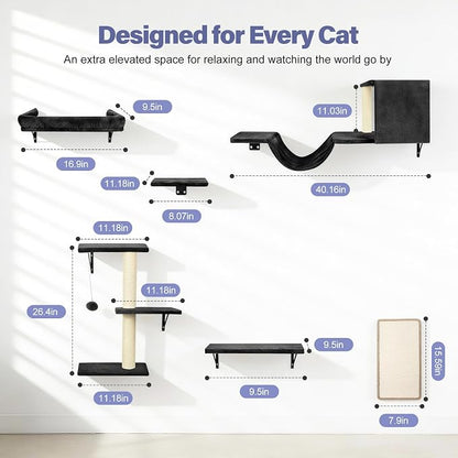 Cat Wall Shelves, Stable & Safe 6 in 1 Cat Furniture Set Black, - Image 2