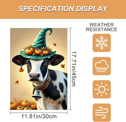 Happy Fall Garden Flag Halloween Flag Cute Cow Calf 12x18 Inch Witch Hat - Image 3