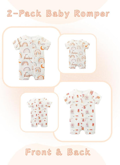 Unisex Summer Trendy 2-Pack Rompers Short Sleeve Zipped Bodysuit Infant Cotton - Image 2