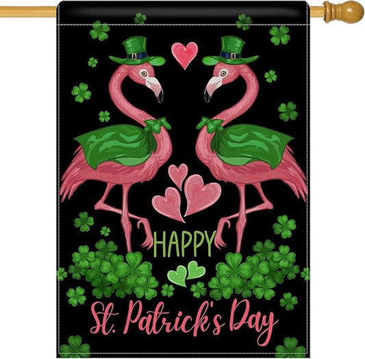 Dyrenson Happy St Patricks Day Flamingo 28 x 40 House Flag Double Sided by Dyrenson
