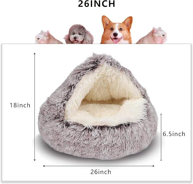 ShinHye Cat Bed Round Plush Fluffy Hooded Cat Bed Cave, Cozy - Image 2