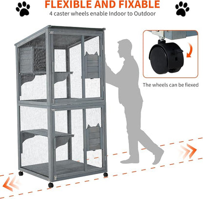 69-Inch Catio, Wooden Cat Enclosure, 4-Tier Cat House w/Waterproof Roof - Image 2