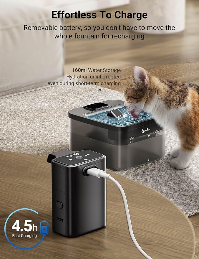 DownyPaws Cat Water Fountain Cordless, 84oz/2.5L Fursink Wireless Pet Water - Image 7