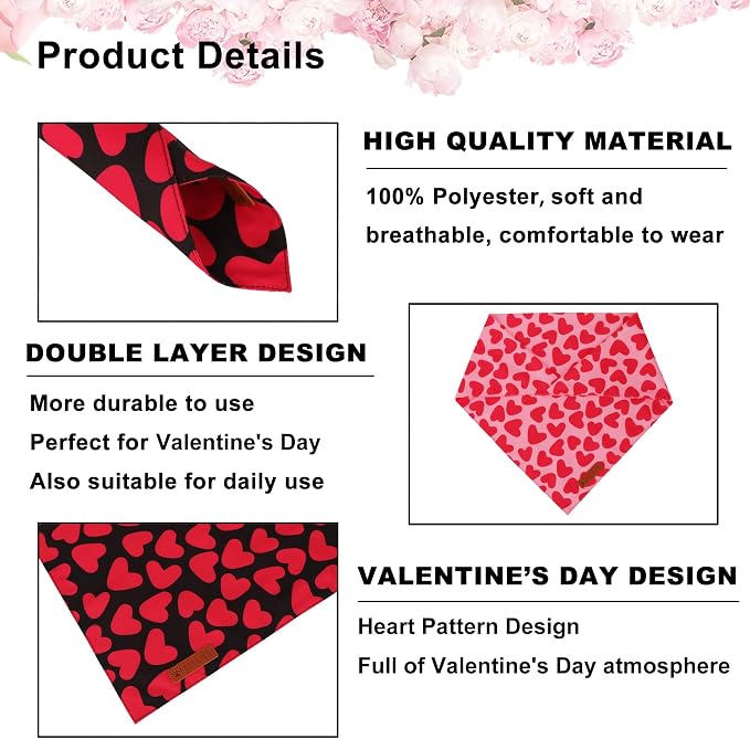 ADOGGYGO Valentine Dog Bandana 2 Pack, Reversible Red Pink Heart Puppy Scarf Bib - Image 5