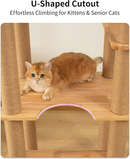 74" Wooden Cat Tree Tower for Large Cats, Cat Condo & Hammock, Natural Wood Cat - Image 9