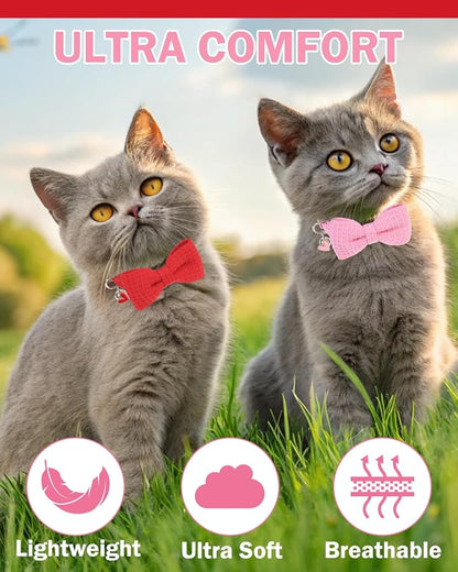 Cat Collar Breakaway with Bells, Soft Cotton Pink Cat Bowtie Collar - Image 7