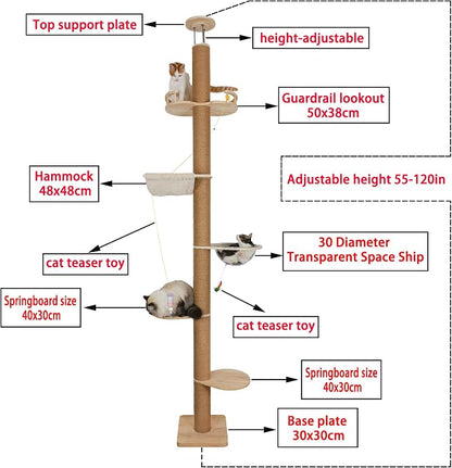 Floor to Ceiling Cat Tree Height Adjustable Cat Tower 5 Tier Hemp Scratching - Image 4