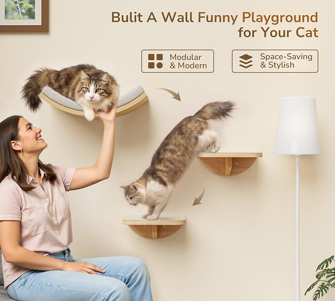 Wood Cat Wall Shelf with Soft Foam Cushion, Curved Cats Wall Bed - Image 3