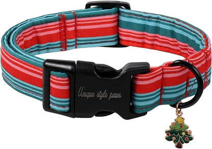 Christmas Dog Collar, Unique Style Paws Red Green Strips Dog Collar by Uniquestylepaws