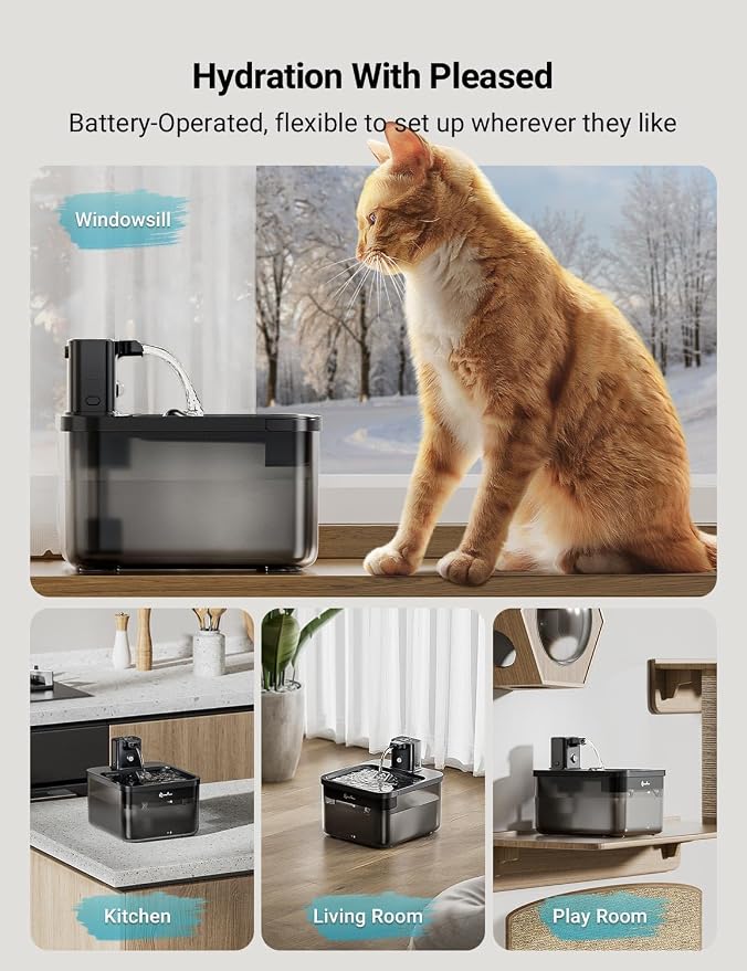 DownyPaws Cat Water Fountain Cordless, 84oz/2.5L Fursink Wireless Pet Water - Image 2