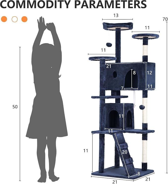 BestPet | 70" Cat Tree Tower | Navy Blue | Sturdy, Hanging Cat Toys, - Image 7