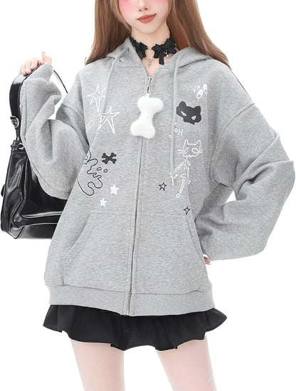 Womens Y2K Zip Up Cute Graphic Hoodies Cat Ears Casual Cartoon Harajuku Kawaii by WelcometoDynict