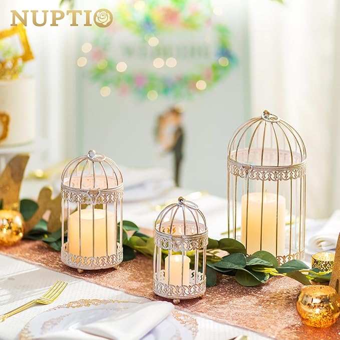 NUPTIO Decorative Candle Lanterns White: 3 Pcs Distressed White Metal Bird Cage - Image 3