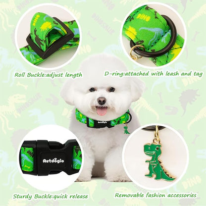 Dinosaur Dog Collar，Green with Multicolor Dino Pattern Handmade Cotton Collar - Image 3