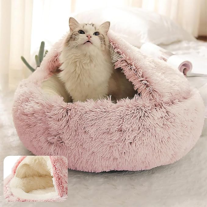 ShinHye Cat Bed Round Plush Fluffy Hooded Cat Bed Cave, Cozy - Image 3