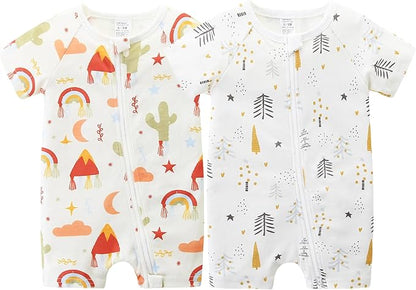 Unisex Summer Trendy 2-Pack Rompers Short Sleeve Zipped Bodysuit Infant Cotton by JingleBaBa