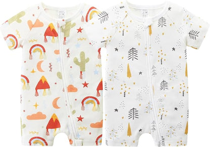 Unisex Summer Trendy 2-Pack Rompers Short Sleeve Zipped Bodysuit Infant Cotton by JingleBaBa