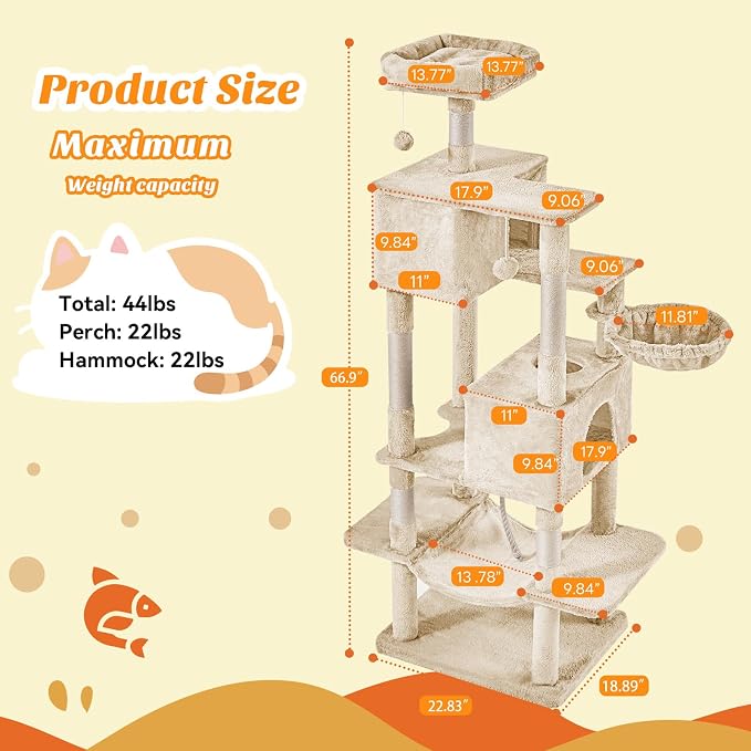 DUMOS Large 66 Inch Cat Tree Tower, Tall Multi Level Cat Climbing Tower - Image 2