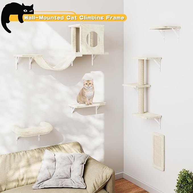 6-in-1 Cat Wall Shelves, Wooden Climbing Wall - Image 2