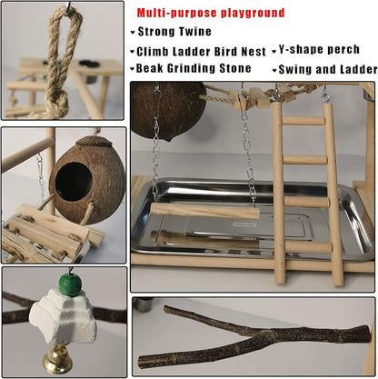 Parakeet Playground Bird Play Stand Natural Wood Perch Gym Parrots Nest Climb - Image 3