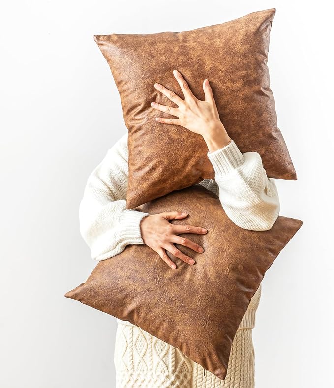 Leather Throw Pillow Covers Pack of 2 Brown, Modern Boho Thickened Floor by GEGELICA