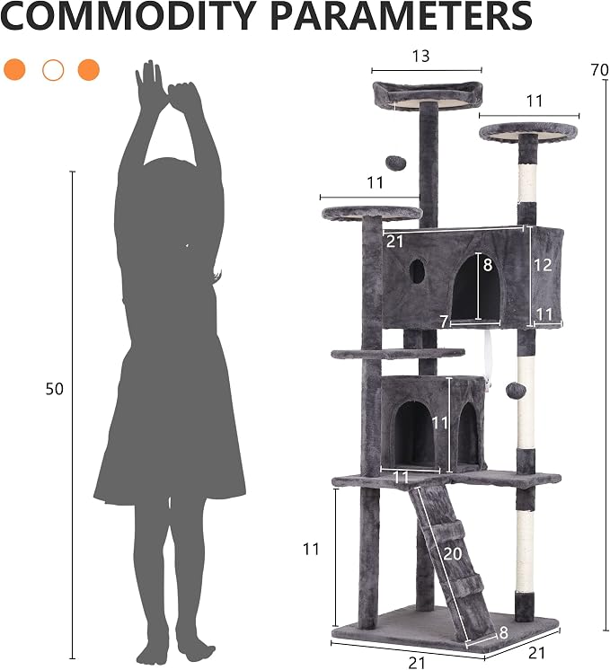 BestPet | 70" Cat Tree Tower | Light Gray | Sturdy, Hanging Cat Toys, - Image 7