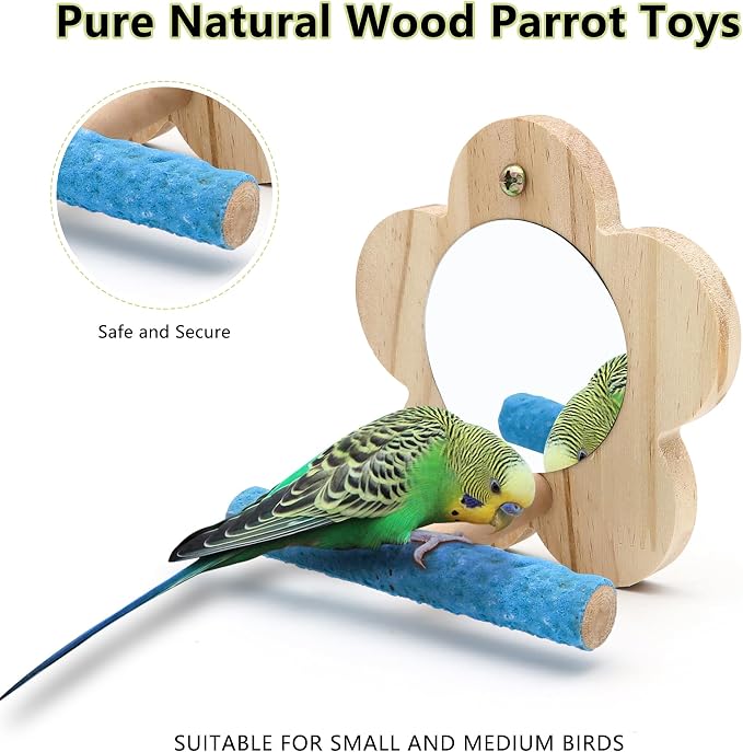 2Pcs Small Bird Mirror Parrot Swing, Wooden Parakeet Perches Flower Interactive - Image 3