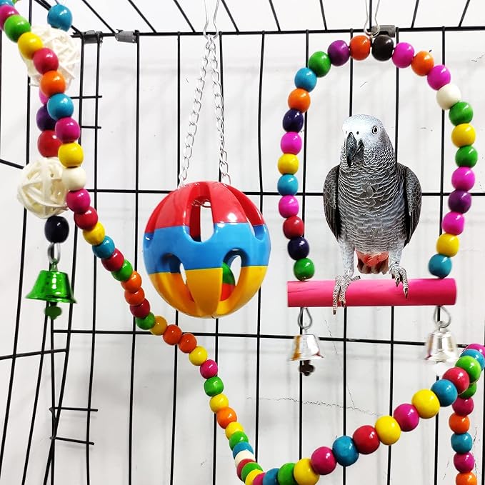 Hamiledyi Bird Parrot Swing Chewing Toy Set 15PCS Wooden Hanging Bell - Image 3