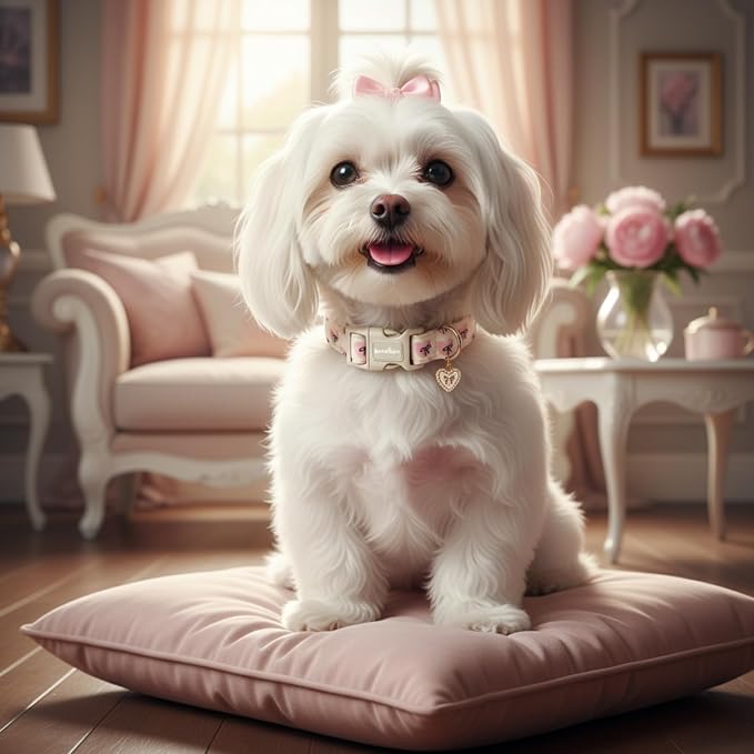 Bow Dog Collar with Pink Heart, Adjustable Cotton Dog Collar - Image 3
