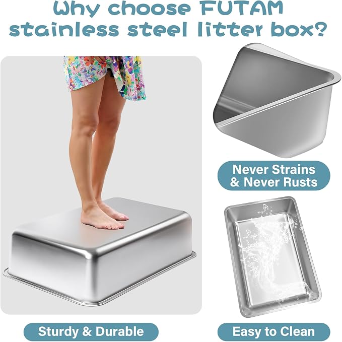 Stainless Steel Litter Box, 19.7"x13.7"x6" Large Metal Litter Box - Image 3