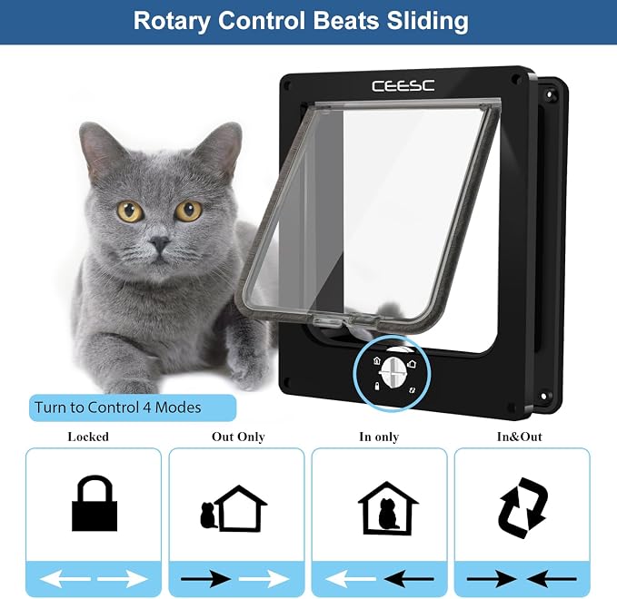 CEESC Medium Cat Door for Interior/Exterior Door, Weatherproof, Rotary 4 Way - Image 5