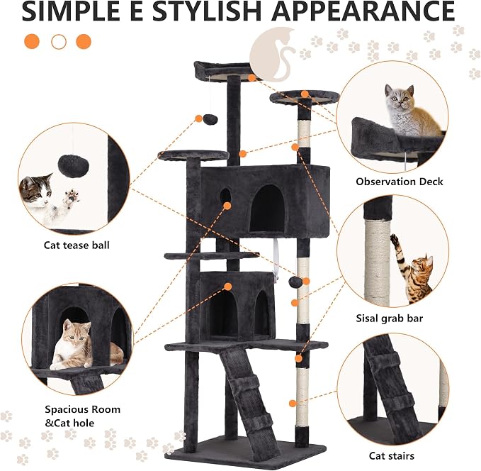 70 Inch Dark Gray Cat Tree, Tall Cat Tower - Image 5