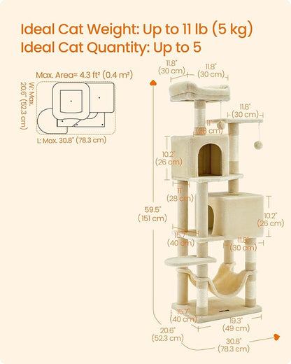 Feandrea Cat Tree, 59.5-Inch Tall Cat Tower, Plush Multi-Level Condo - Image 5