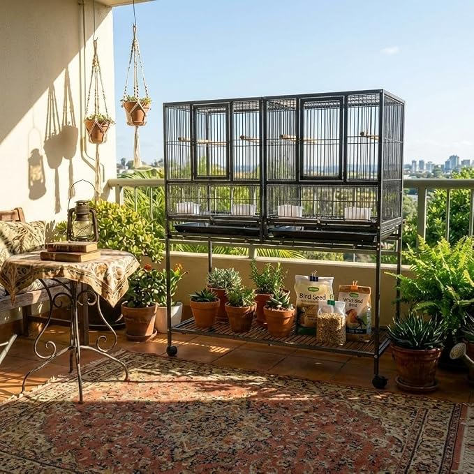 43 Inch Bird Cage with Wooden Perches, Standing Wrought Iron Birdcage with - Image 7