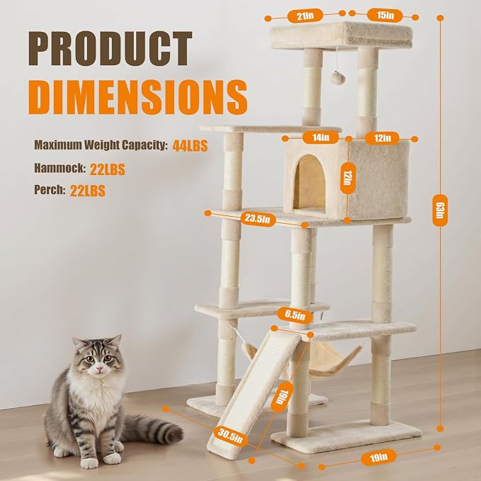 DUMOS Large 63in Cat Tree Tower, Natural Sisal Scratching Posts, Extended - Image 2