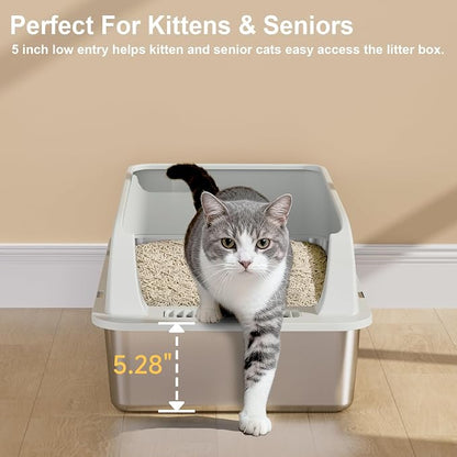 TENTIZON Large Stainless Steel Cat Litter Box, Open Top Metal Kitty Litter Tray - Image 6