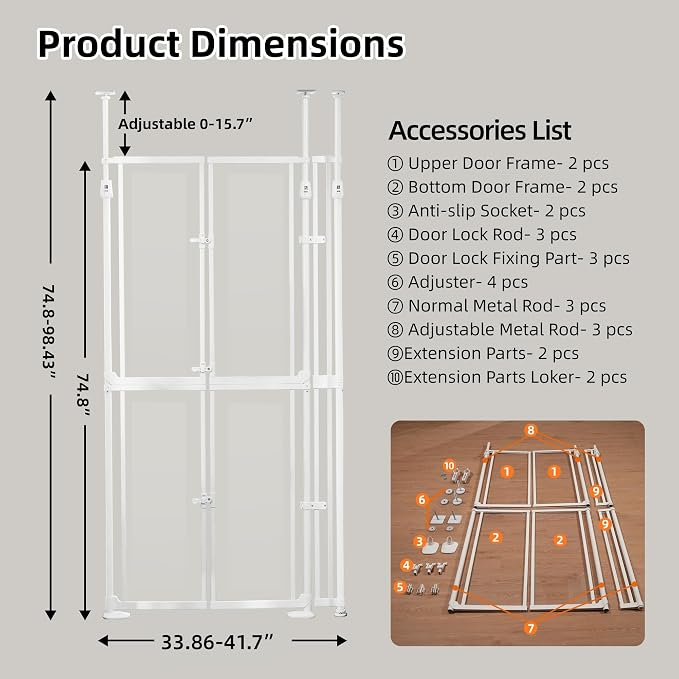 74.80-98.43'' Extra Tall Cat Gate, Adjustable 33.86 and 41.7" Wide, Transparent - Image 5