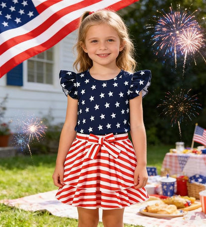 Girls Skirt Set 2 Piece Outfit Toddler Summer Clothes Ruffle Sleeve T-Shirt Bow - Image 3