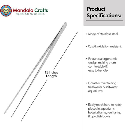 Mandala Crafts 15 Inches Silver Stainless Steel Straight Aquarium Tweezers - Image 3