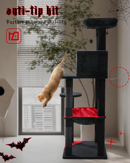 Gothic Cat Tree with Super Large Hammock, 56.3" Black Cat Tower with Coffin Bed - Image 6