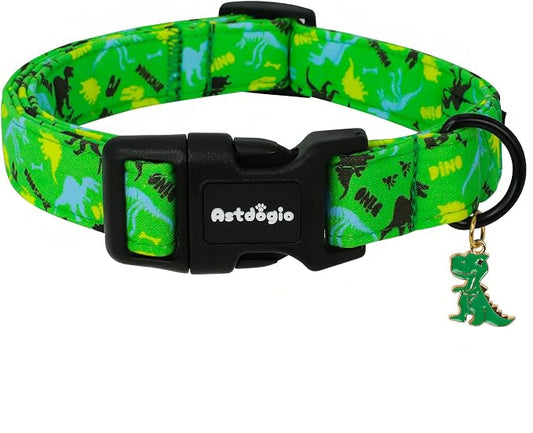Dinosaur Dog Collar，Green with Multicolor Dino Pattern Handmade Cotton Collar by Unknown
