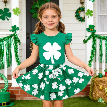 Girls Skirt Set 2 Piece Outfit Toddler Summer Clothes Ruffle Sleeve T-Shirt Bow - Image 2