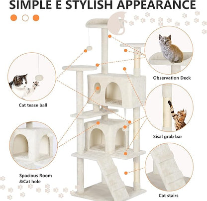 BestPet | 62" Cat Tree Tower | Beige | Sturdy, Hanging Cat Toys, Observation - Image 6