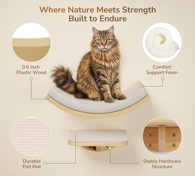 Wood Cat Wall Shelf with Soft Foam Cushion, Curved Cats Wall Bed - Image 4